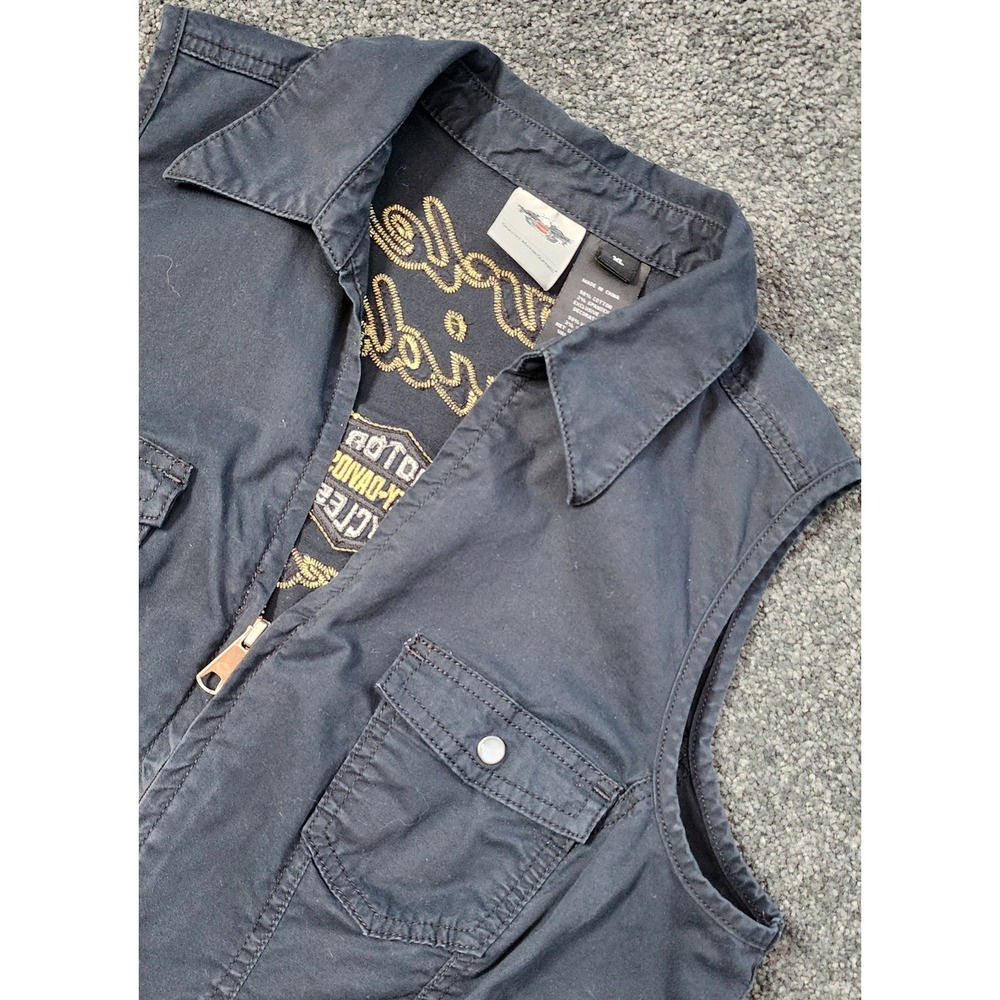 Harley Davidson Vest Sleeveless Full Zip‎ Utility Pockets Black XL Pearl Snap